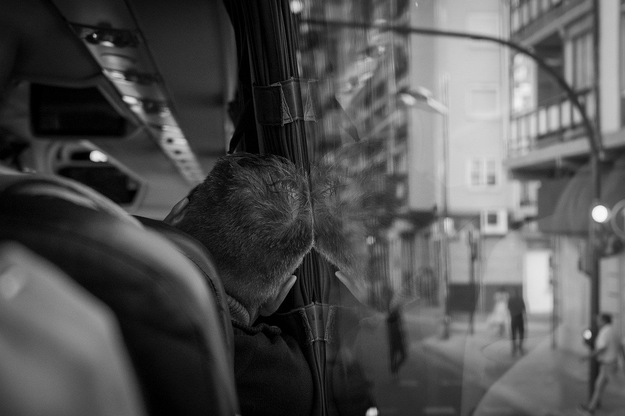 weary, bus, city