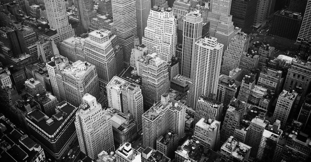 A stunning black and white aerial shot capturing the iconic New York City skyline's intricate architecture.