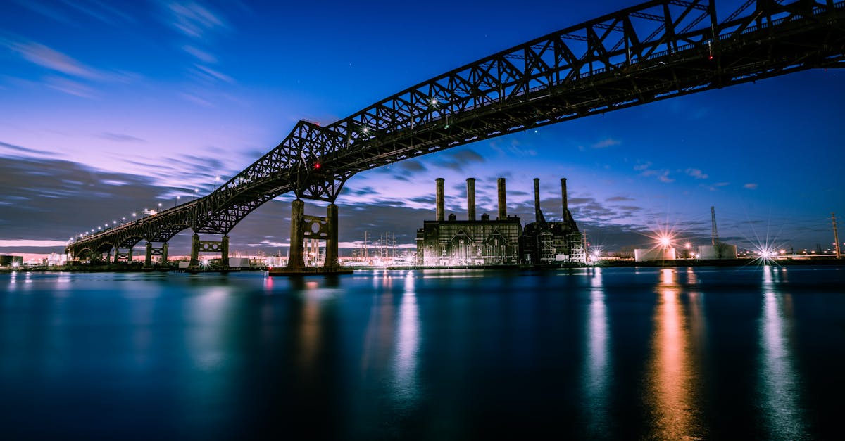 Stunning evening photograph of the Pulaski Skyway over water in New Jersey.