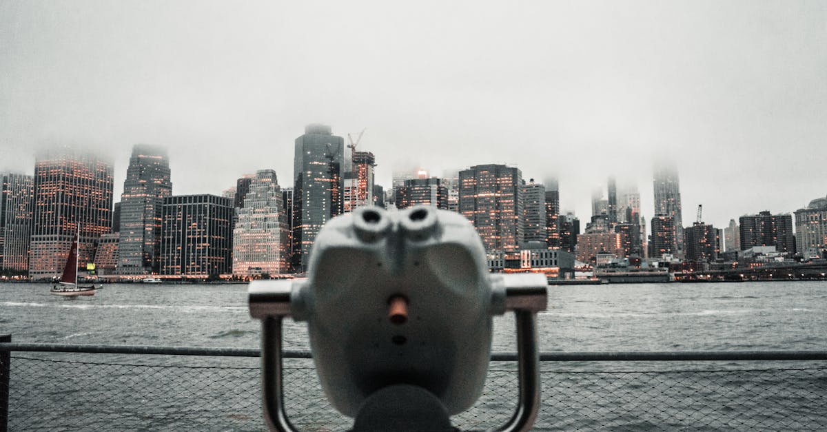 Dramatic view of New York City skyline shrouded in fog from a waterfront viewing deck.